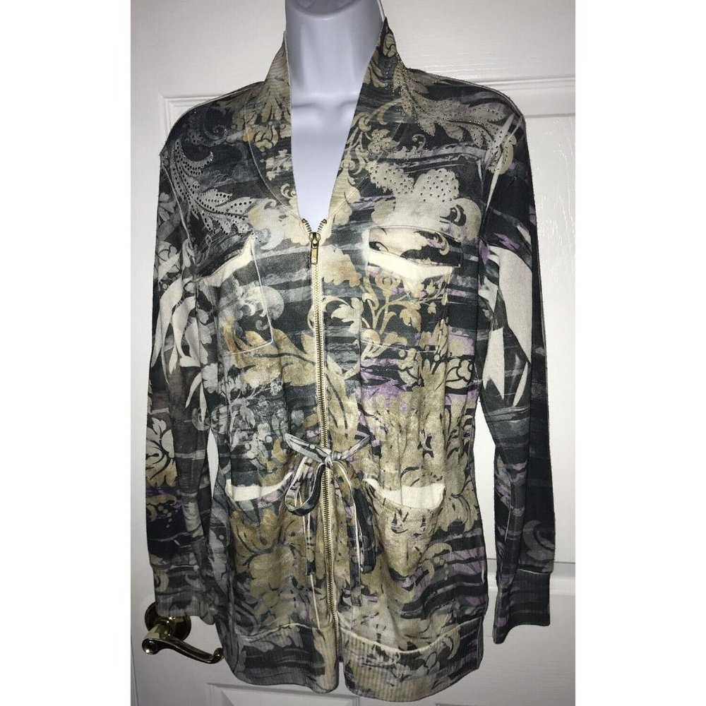 B.l.e.u Cardigan Sweater Abstract Floral Beige Sz MEDIUM Belted Full Zipper